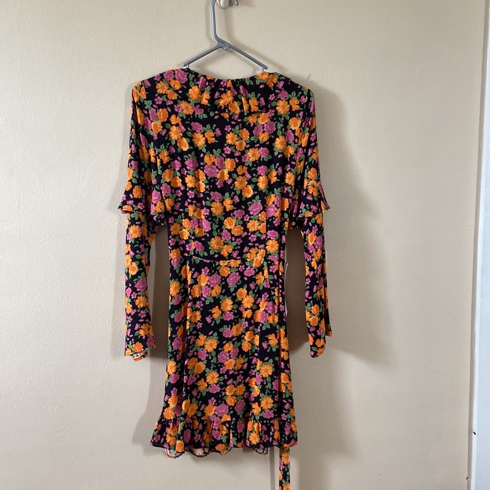 New Black & Orange Floral Ruffled TopShop Wrap Dress Long Sleeve 6 Spring Fall - Picture 7 of 10